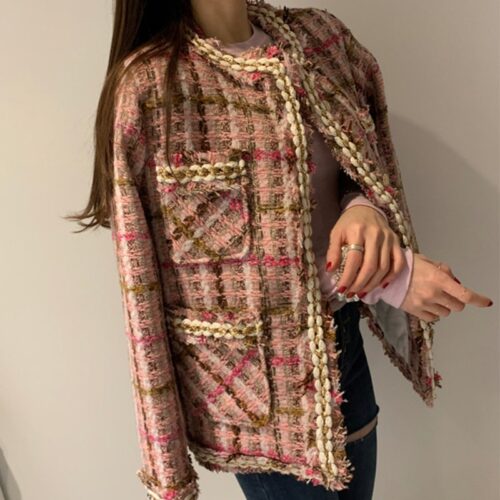 Spring / Autumn Korean Single-Breasted Chain-Trimmed Tweed Jacket - Image 3