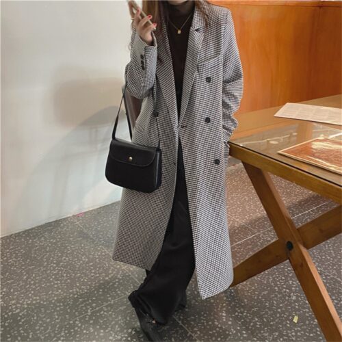 Spring / Autumn Notched Collar Pockets Houndstooth Double-Breasted Overcoat - Image 2