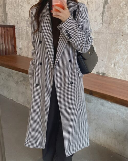 Autumn Notched Collar Houndstooth Double-Breasted Overcoat