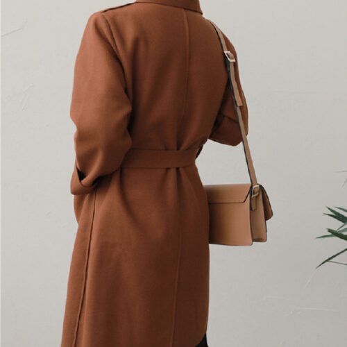 Winter Notched Collar Pockets Loose Woolen Overcoat with Belt - Image 6