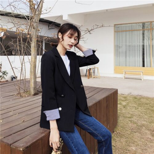 Spring / Autumn Notched Collar Double-Breasted Striped Cuff Blazer - Image 3