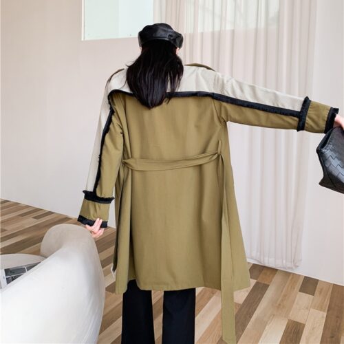 Turn-Down Collar with Epaulettes Patchwork Double-Breasted Gemma Belted Trench Coat - Image 3