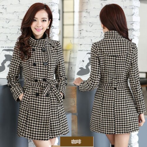 Winter Stand Collar Pockets Buttons Houndstooth Thicken Woolen Coat with Belt - Image 5