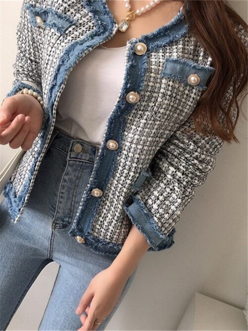 Spring / Autumn Single-Breasted Denim-Trimmed Tweed Jacket - Image 2