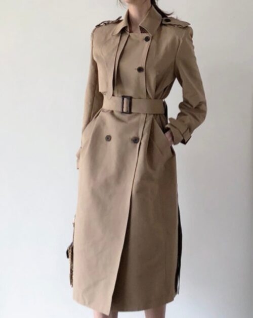 Epaulette and Back-Slit Solid Double-Breasted Gemma Belted Trench Coat