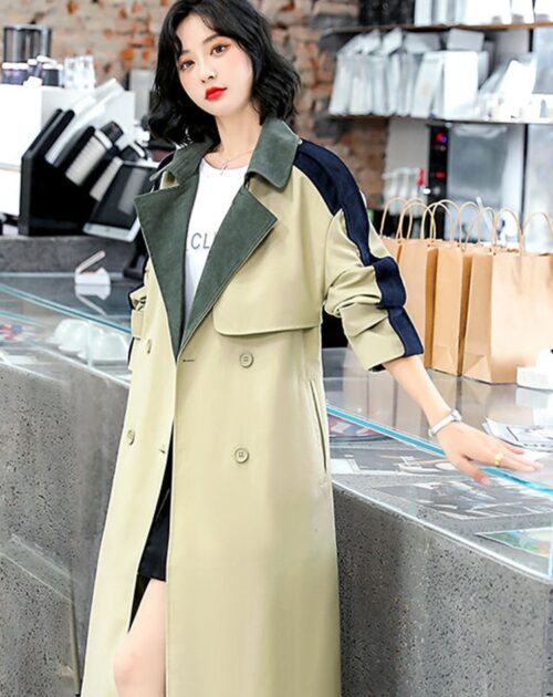 Notched Collar with Epaulette and Back-Slit Patchwork Double-Breasted Gemma Belted Trench Coat