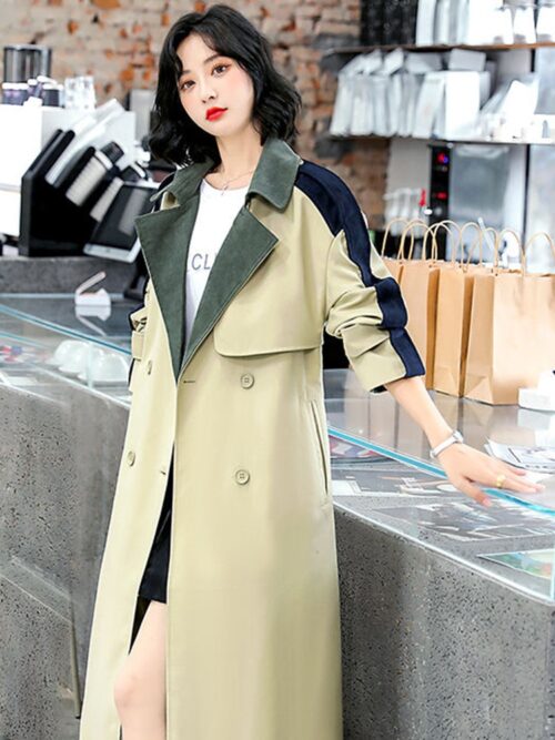 Notched Collar with Epaulette and Back-Slit Patchwork Double-Breasted Gemma Belted Trench Coat