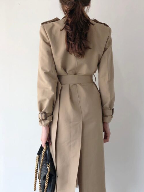 Turn-Down Collar with Epaulette and Back-Slit Solid Double-Breasted Gemma Belted Trench Coat - Image 6