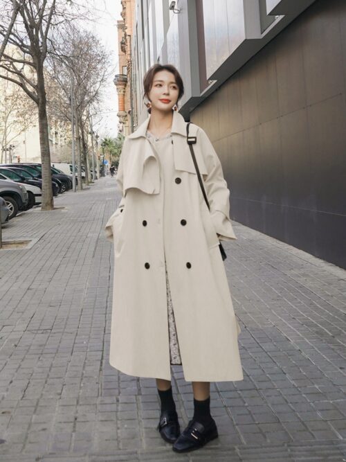 Turn-Down Collar with Epaulettes Solid Double-Breasted Tie-Waist Trench Coat - Image 5