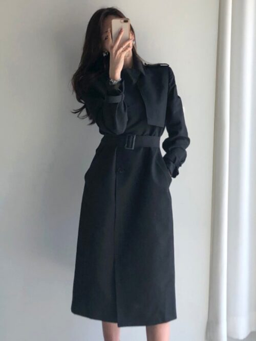 Turn-Down Collar with Epaulette and Back-Slit Solid Double-Breasted Gemma Belted Trench Coat - Image 2