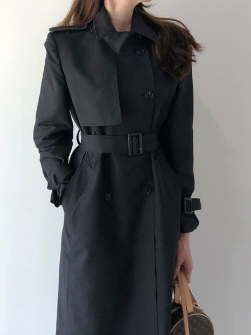 Turn-Down Collar with Epaulette and Back-Slit Solid Double-Breasted Gemma Belted Trench Coat - Image 4