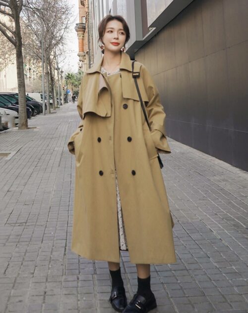Collar with Epaulettes Solid Double-Breasted Tie-Waist Trench Coat