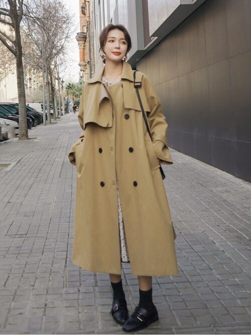 Collar with Epaulettes Solid Double-Breasted Tie-Waist Trench Coat