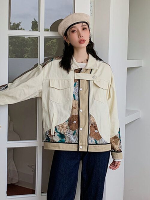 Spring / Autumn Turn-Down Collar Embroidery Flower Spliced Jacket - Image 3