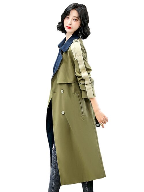 Notched Collar with Epaulette and Back-Slit Patchwork Double-Breasted Gemma Belted Trench Coat - Image 4