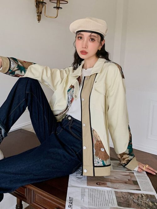 Spring / Autumn Turn-Down Collar Embroidery Flower Spliced Jacket - Image 2