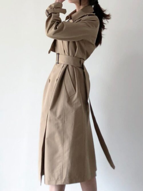 Turn-Down Collar with Epaulette and Back-Slit Solid Double-Breasted Gemma Belted Trench Coat - Image 5