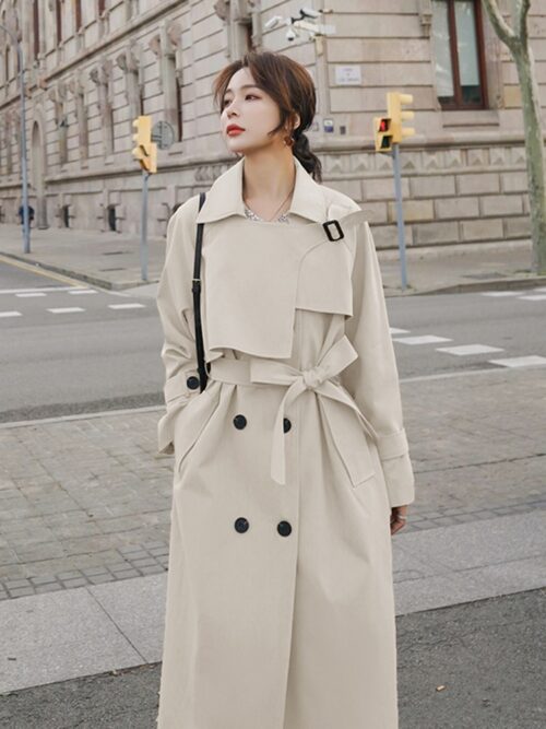 Turn-Down Collar with Epaulettes Solid Double-Breasted Tie-Waist Trench Coat - Image 2