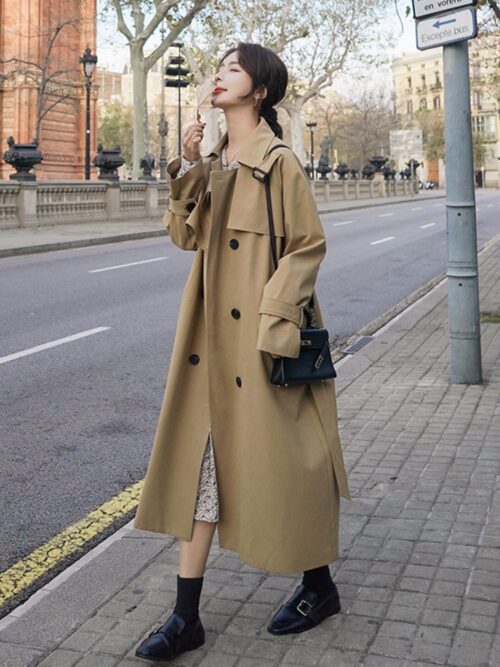 Turn-Down Collar with Epaulettes Solid Double-Breasted Tie-Waist Trench Coat - Image 3