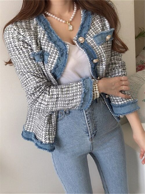 Spring / Autumn Single-Breasted Denim-Trimmed Tweed Jacket - Image 5