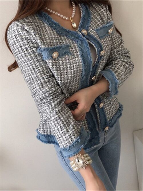 Spring / Autumn Single-Breasted Denim-Trimmed Tweed Jacket - Image 6