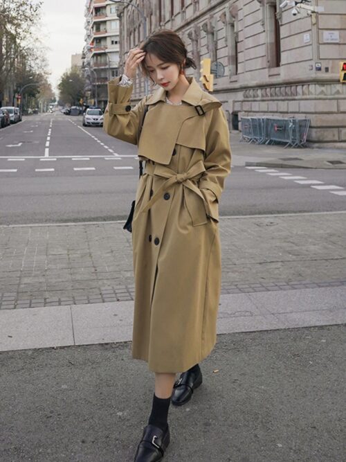 Turn-Down Collar with Epaulettes Solid Double-Breasted Tie-Waist Trench Coat - Image 4