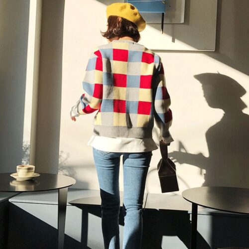 Spring / Autumn O-Neck Colored Plaid Cardigan - Image 2
