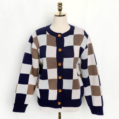 Spring / Autumn O-Neck Colored Plaid Cardigan - Image 5