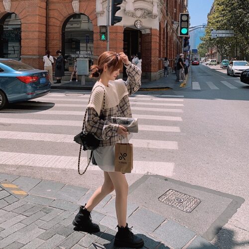 Spring / Autumn O-Neck Long Sleeves Patchwork Knitted Plaid Blouse - Image 3