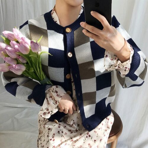 Spring / Autumn O-Neck Colored Plaid Cardigan - Image 3