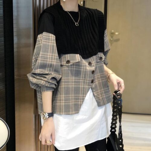 Spring / Autumn O-Neck Long Sleeves Patchwork Knitted Plaid Buttons Blouse - Image 2