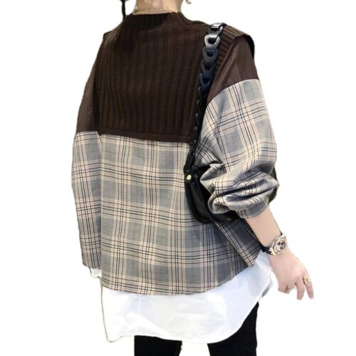 Spring / Autumn O-Neck Long Sleeves Patchwork Knitted Plaid Buttons Blouse - Image 4