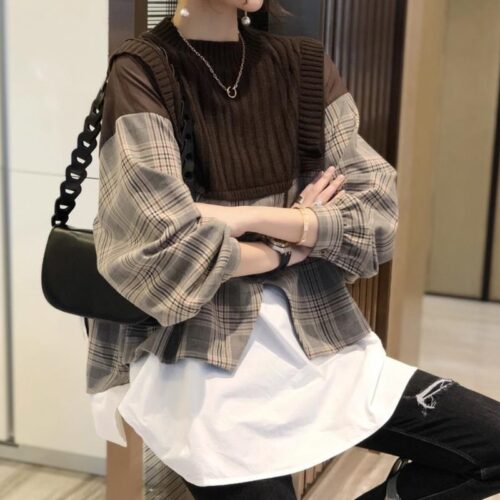Spring / Autumn O-Neck Long Sleeves Patchwork Knitted Plaid Buttons Blouse - Image 3