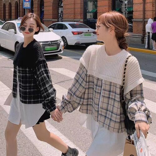 Spring / Autumn O-Neck Long Sleeves Patchwork Knitted Plaid Blouse - Image 4