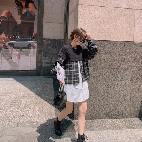 Spring / Autumn O-Neck Long Sleeves Patchwork Knitted Plaid Blouse - Image 2