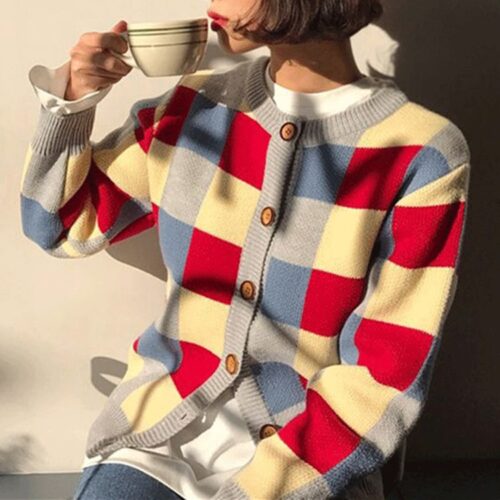 Spring / Autumn O-Neck Colored Plaid Cardigan - Image 6