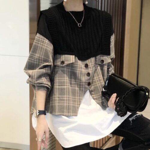 O-Neck Long Sleeves Patchwork Knitted Plaid Buttons Blouse