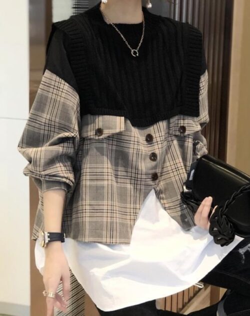 O-Neck Long Sleeves Patchwork Knitted Plaid Buttons Blouse