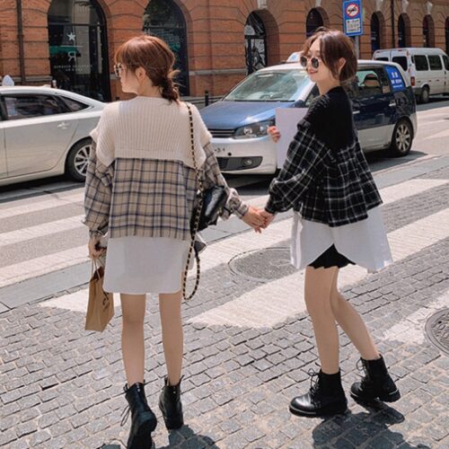 Spring / Autumn O-Neck Long Sleeves Patchwork Knitted Plaid Blouse - Image 5