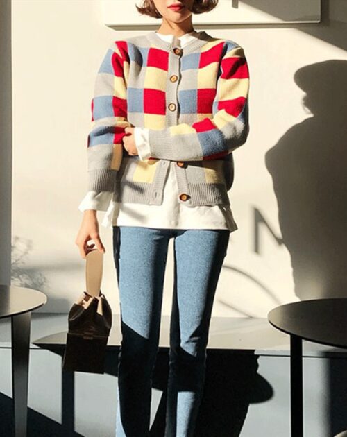 Spring / Autumn O-Neck Colored Plaid Cardigan