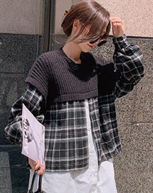 O-Neck Long Sleeves Patchwork Knitted Plaid Blouse