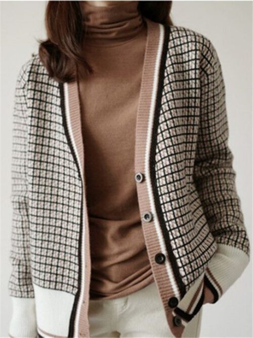 Winter V-Neck Black Trim White Wrist Sleeves Plaid Cardigan - Image 2