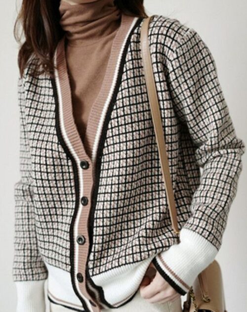 Black Trim White Wrist Sleeves Plaid Cardigan
