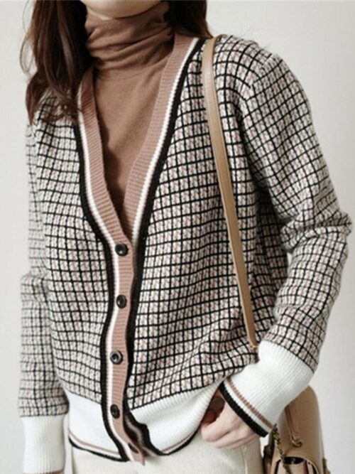 Black Trim White Wrist Sleeves Plaid Cardigan