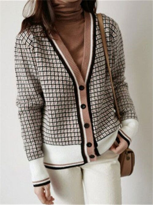 Winter V-Neck Black Trim White Wrist Sleeves Plaid Cardigan - Image 3