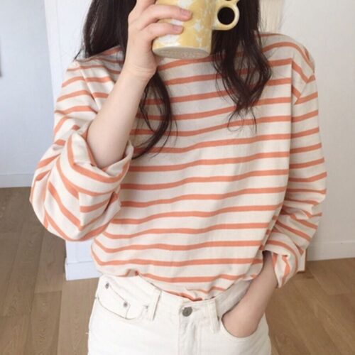 Spring / Autumn Korean O-Neck Long Sleeves Striped T-Shirt - Image 4