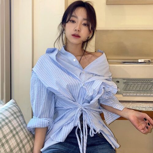 Long Sleeves Asymmetrical Patchwork Striped Lace-Up Blouse