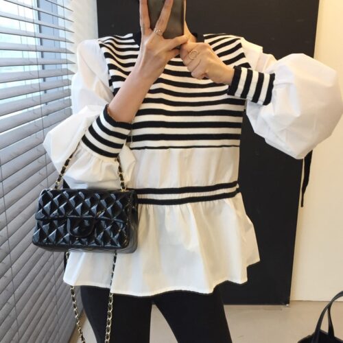 Spring / Autumn Korean O-Neck Puff Sleeves Patchwork Striped Blouse - Image 2