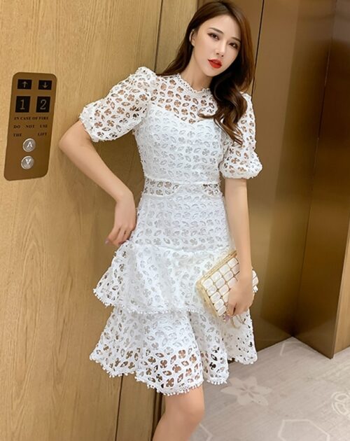Short Sleeves Lace Hollow Out Crochet Layered Mini Dress