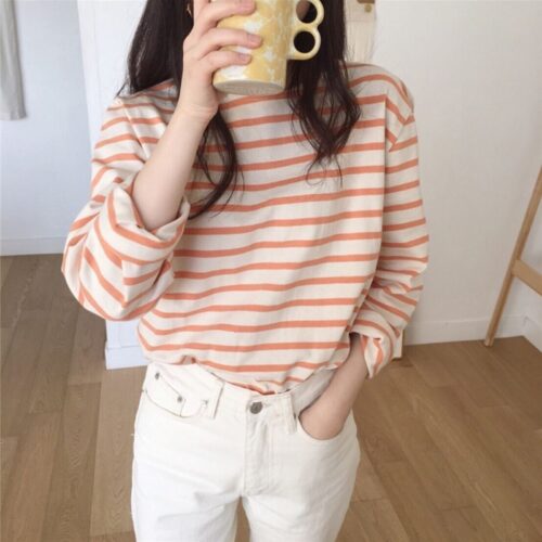 Spring / Autumn Korean O-Neck Long Sleeves Striped T-Shirt - Image 3